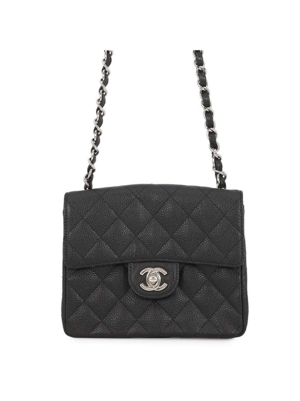 Chanel Chain Shoulder Bag Mini Quilted CC Logo Single Caviar Leather Black
